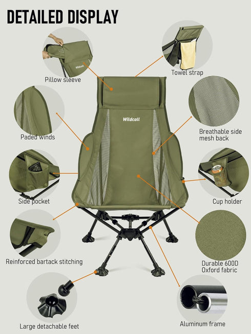 WildCall Lightweight Folding High Back Camping Chair with Head Support, Compact Beach Chair with Anti-Sinking Large