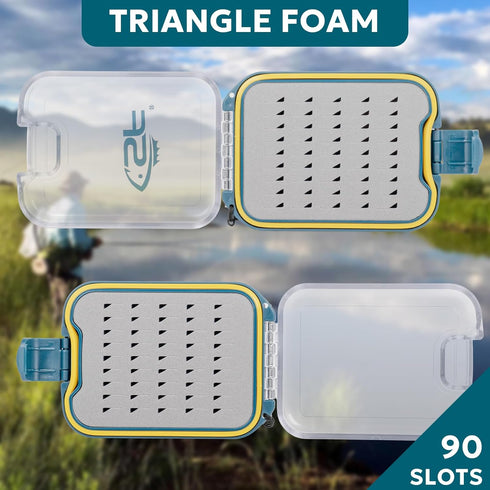 SF Plastic Fly Fishing Box, Waterproof Pocket, Double Side Clear Lid, Easy Grip Black Foam with Lanyard