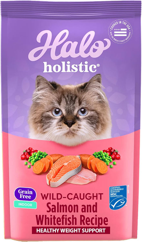 Halo Holistic Indoor Cat Food Dry, Grain Free Wild-Caught Salmon & Whitefish Recipe for Healthy Weight Support, 6-lb Bag