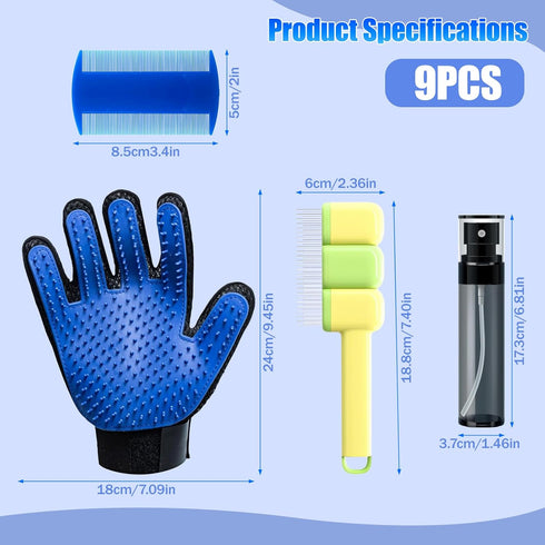 Jeyermier 9 Set,Self PCS Pet Grooming Brush Cleaning Pet Hair Removal Comb,Pet Hair Remover Gloves,Spray Bottle, Lice