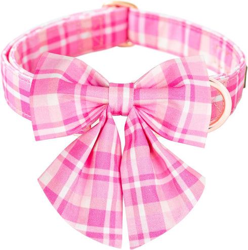 Elegant Pink Plaid Dog Collar with Bow Tie - Stylish Durable Adjustable Cotton Pet Collar for Small Medium Large Girls,