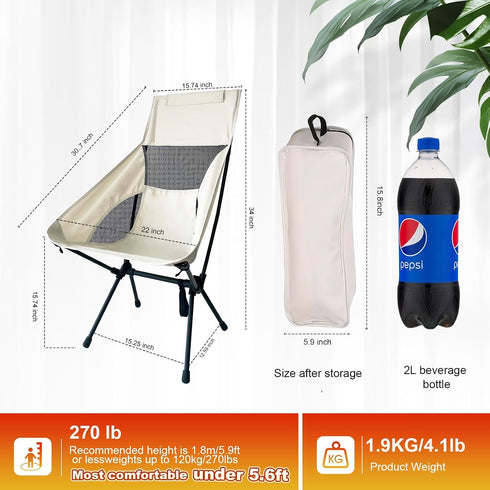 Backpacking Setup IEJ High Back Camping Chair, Ultra-Lightweight Compact Folding Chair for Adults with Carry Bag, Quick