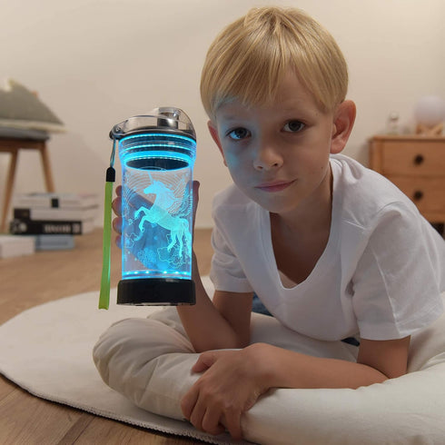 Kids Water Bottle with 3D Glowing Unicorn Illusion LED Light - 14 oz - Creative Gift for Girls