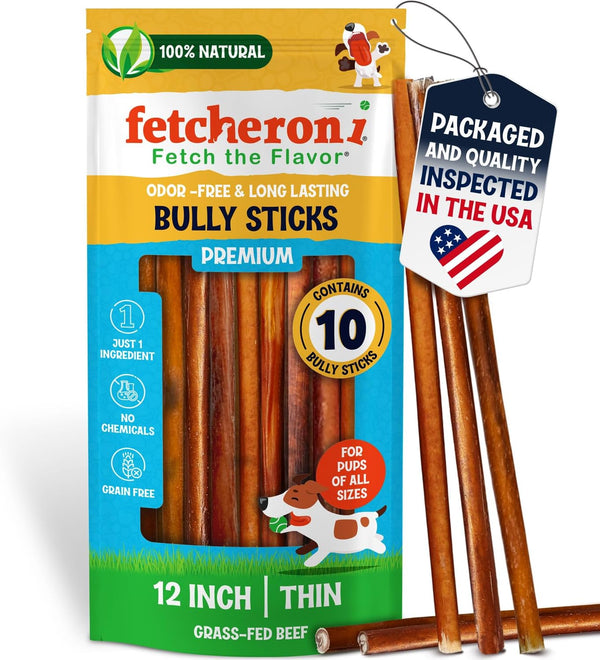 Odor-Free Thin Bully Sticks (12 Inch, 10 Pack), 9 Ounce Bag, Fully