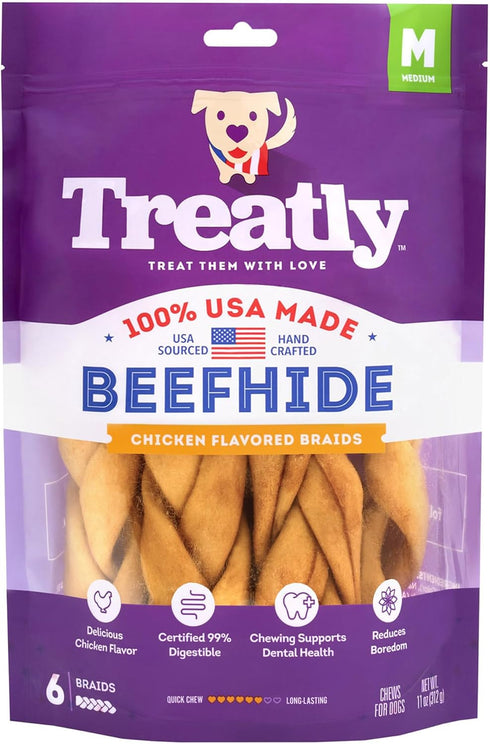 USA Beefhide Braids 7-8" Dog Chew Treats - Chicken Flavor, 6 Count, 1 Pack