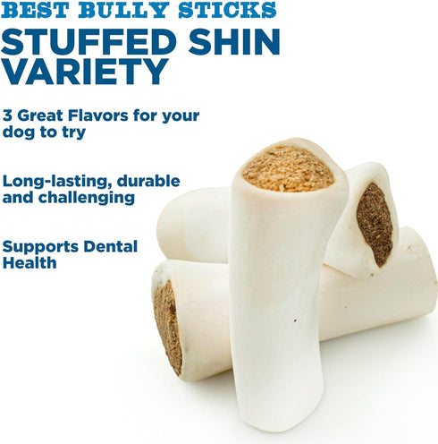 Best Bully Sticks 5 to 6 Inch Variety Pack Stuffed Shin Bones - USA Baked & Packed Shin Bones for Dogs - Highly Digestible Fillings, Long Lasting and Refillable - 3 Pack