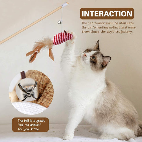 3-Pack Cat Wand Toys, 16-Inch Natural Wooden Teaser Wand with 5 Silvervine Sticks, Interactive Feather Wand for Indoor