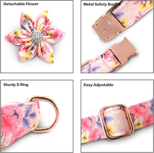 Girl Dog Collar with Detachable Flower, Adjustable Floral Pattern Soft Cotton Collars for Small to Large Dogs