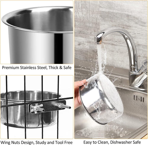 Dog Crate Water Bowl, 2 pcs Stainless Steel Large Dog Bowls 40oz & 60oz, Durable Anti-Spill Pet Metal Bowl