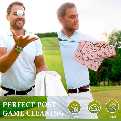 Swooflia Golf Towel with Clip - Microfiber Large Golfing Rag for Men Women, Cute Balls Clubs Pattern with 4 PCS Golf