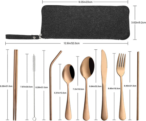 Portable Travel Utensils, 9 Pieces Reusable Silverware Set with Case, Stainless Steel Flatware for Camping Picnic (Rose
