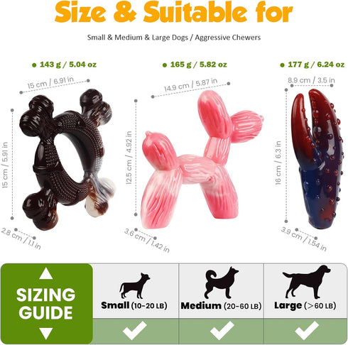Durable Dog Chew Toys for Medium/Large Aggressive Chewers, 3-Pack Indestructible Nylon Toys for Dogs Under 120lbs