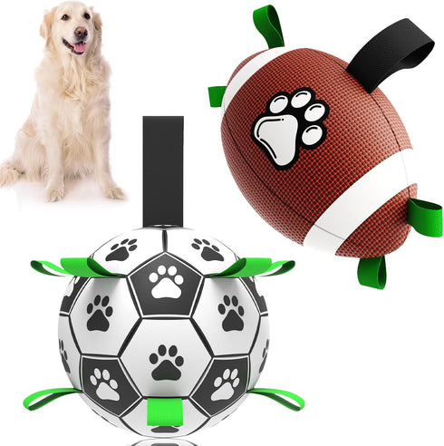 QDAN Dog Soccer Ball Football Set, 2 PCS Dog Balls with Strap for Tug of War, Soccer Ball Toys for Small Medium Large