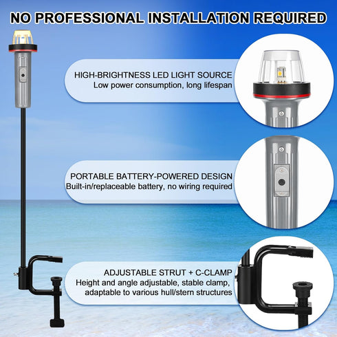 24" Tuanse Portable Battery-operated Boat Navigation Light, Bi-color Red/green Bow Light with Adjustable Clamp