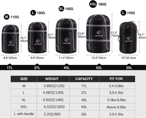 REDCAMP Sleeping Bag Stuff Sack, Black M, L, XL and XXL Compression Sack for Backpacking and Camping
