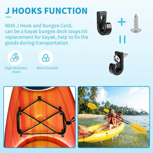 Kayak Deck Rigging Kit - 8 Feet Bungee Cord with Hooks, Tie Down Pad Eye, and 6 J-Hooks for Canoe Accessory