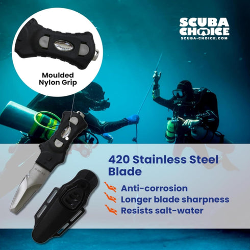 Scuba Choice Compact Stainless Steel Blunt Tip Dive Knife, 2.3" Plain Edge Blade, Black/Silver