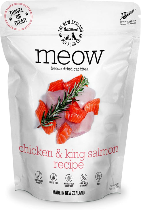 Meow Chicken & King Salmon Freeze Dried Raw Cat Food, High Protein, Natural, Limited Ingredient Mixer or Treat, 1.76 oz