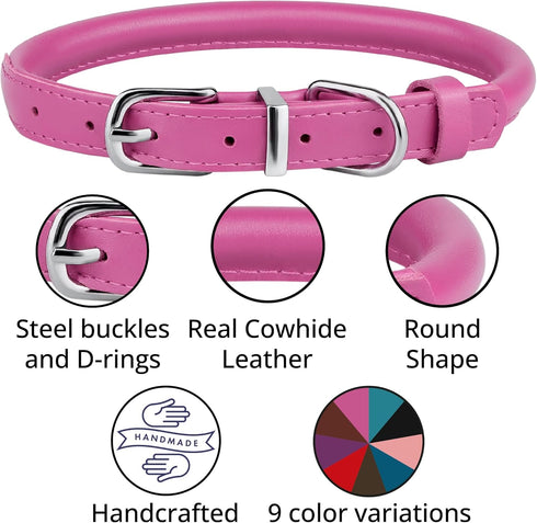 BRONZEDOG Rolled Leather Dog Collar with QR ID Tag, Hot Pink, for Small Medium Large Dogs (S: 12-14 Inch)