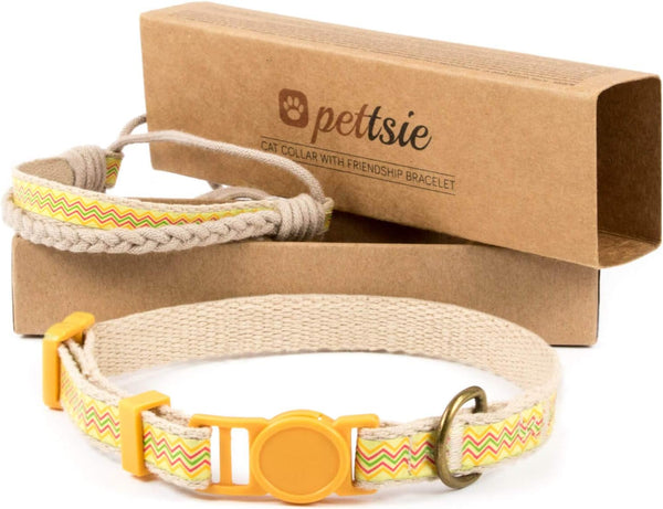 Pettsie Breakaway Cat Collar & Matching Friendship Bracelet, Soft Cotton Adjustable 7.5"-11.5", Yellow
