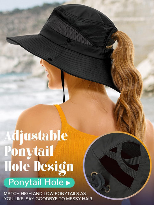 Sun Hat with Ponytail Hole for Women, UPF50+ Waterproof Beach Bucket Safari Hiking Hat for Sun Protection