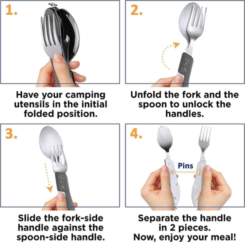 Orblue 4-in-1 Camping Utensils, 2-Pack Portable Stainless Steel Spoon, Fork, Knife & Bottle Opener Combo