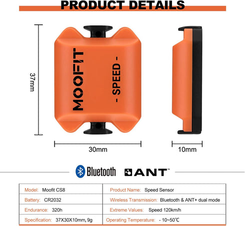 moofit Cadence Speed Sensor, Bluetooth & ANT+ Wireless RPM Cycling Spin Bike Sensor for Wahoo/Coosporide/Rouvy/Peloton,