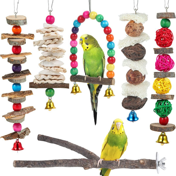Bird Perch Bird Toys, 6 Pack Wooden Chew Toys, Cage Accessories for Parakeet, Conure, Cockatiel, Lovebird, Budgie