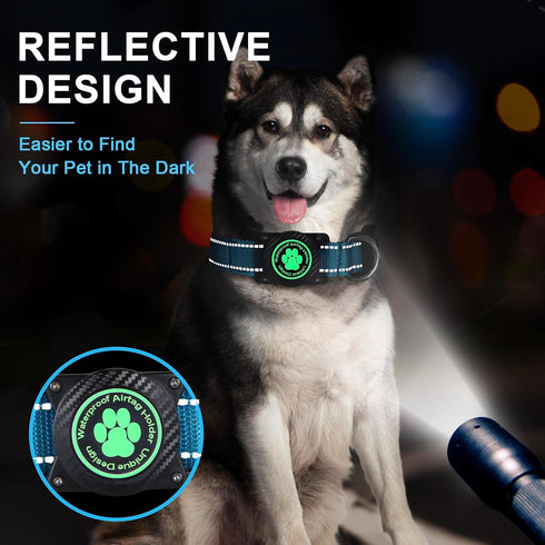 Airtag Dog Collar, Nylon Collar with Waterproof Holder, Reflective Adjustable Pet Collar for Heavy Duty Dogs