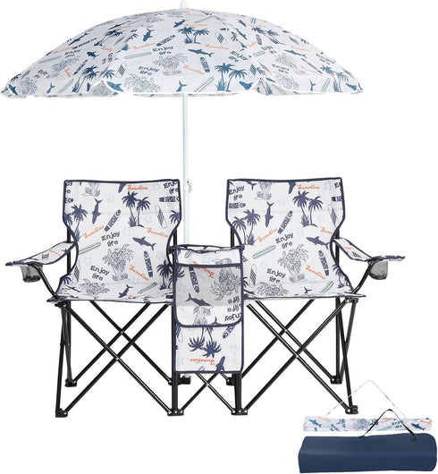 Double Folding Beach Chairs,Portable Double Folding Picnic Chairs Beach Camping Chair W/Umbrella
