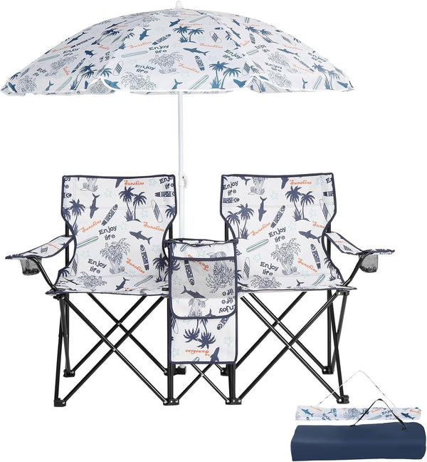 Double Folding Beach Chairs,Portable Double Folding Picnic Chairs Beach Camping Chair W/Umbrella