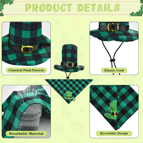 Vehomy 4pcs St Patrick's Day Dog Costumes, Buffalo Plaid Dog Hat, Collar, and Bandana, Irish Holiday Pet Outfit