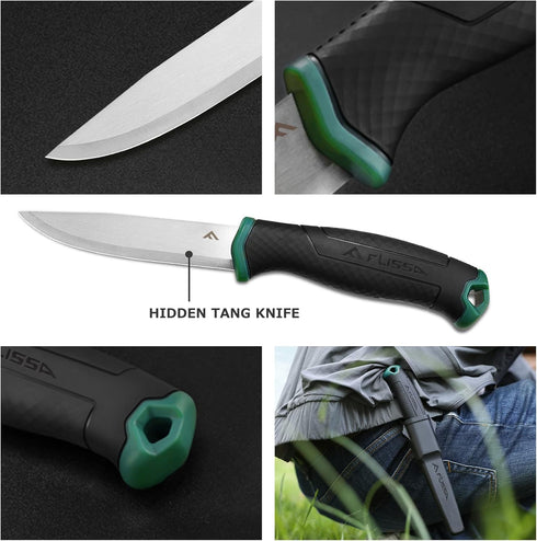 FLISSA Bushcraft Knife, Fixed Blade with Nylon Sheath, Stainless Steel Blade for Camping and Hiking, 4 Inch