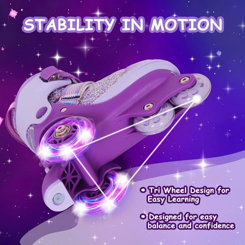 4 Nattork Toddler Roller Skates for Girls, Adjustable Sizes Tri-Wheel Skates for Beginner Kids with Light-Up Wheels