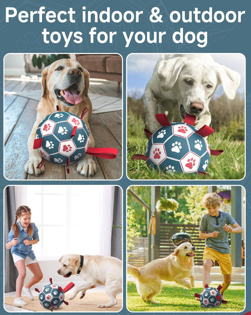QDAN Dog Toys Soccer Ball with Straps - 10 Inch Durable Herding Ball for Extra Large Dogs, Outdoor Water Toy