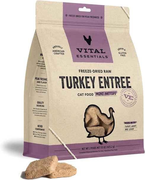 Vital Essentials Freeze Dried Raw Cat Food, Turkey Mini Patties Entree, 15 oz