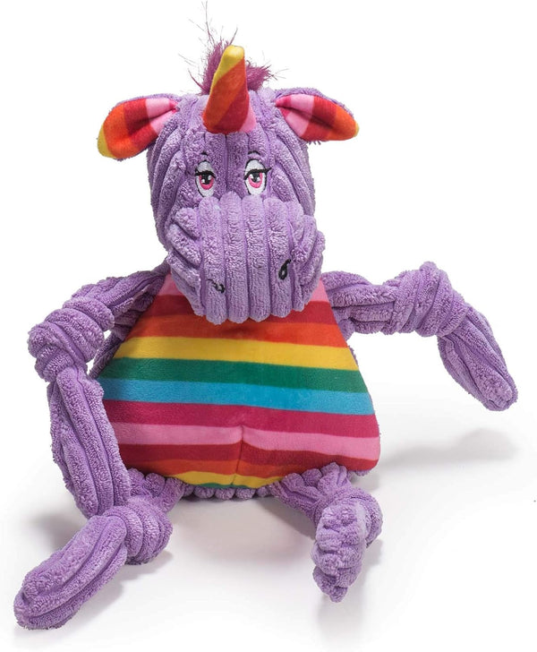 HuggleHounds Knottie Plush Dog Toy - Squeaky Stuffed Animal for Small, Medium & Large Dogs, Rainbow Unicorn