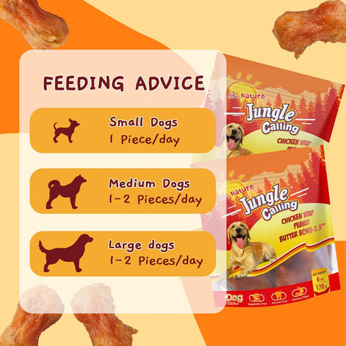 6 oz Jungle Calling Rawhide Free Dog Chew Treats, Real Chicken Wrapped Peanut Butter Bones, Teeth Clean Chewy Training