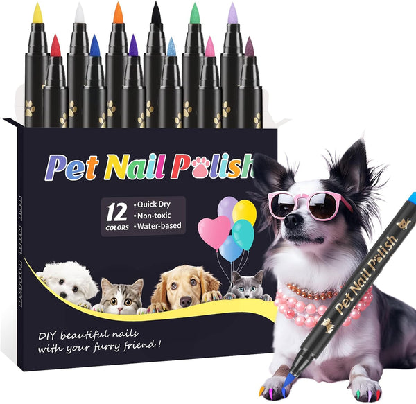 Dog Nail Polish Pens - Quick Dry, 12 Colors Safe Dog Nail Polish Set for DIY Pretty Nails, Non-Toxic, Pet Nail