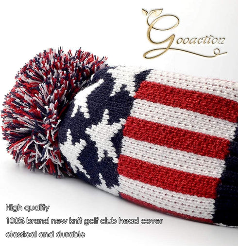GOOACTION 3PCS Knitted Golf Head Covers 1-3-5 for Driver and Fairway Woods, Vintage Red Stars and Stripes