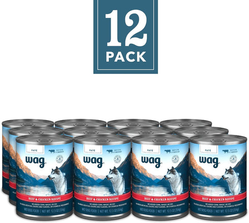 12.5 oz (Pack 12) Amazon Brand - Wag Pate Canned Dog Food, Beef & Chicken Recipe, Can