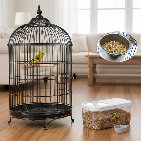 Mowhut 5.4 Qt/6 Bird Seed Storage Container, L Pet Food Container with Measuring Cup & Stainless Steel Bird Feeder