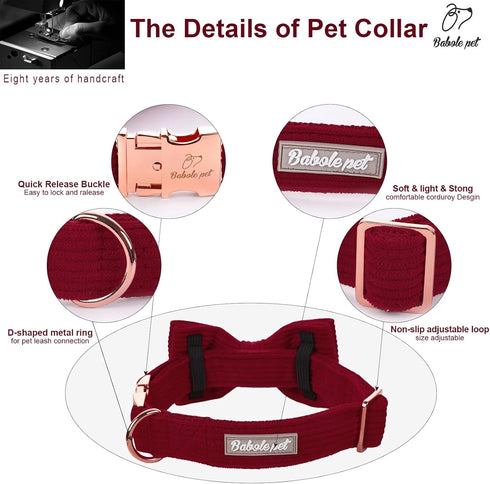 Wine Red Dog Collars for Large Dog,Cute Corduroy Dog Collar with Bow Tie Safety Metal Buckle Adjustable Puppy Collars for Small Medium Boy&Girl Male&Female Dogs,L-Neck 16"-24"