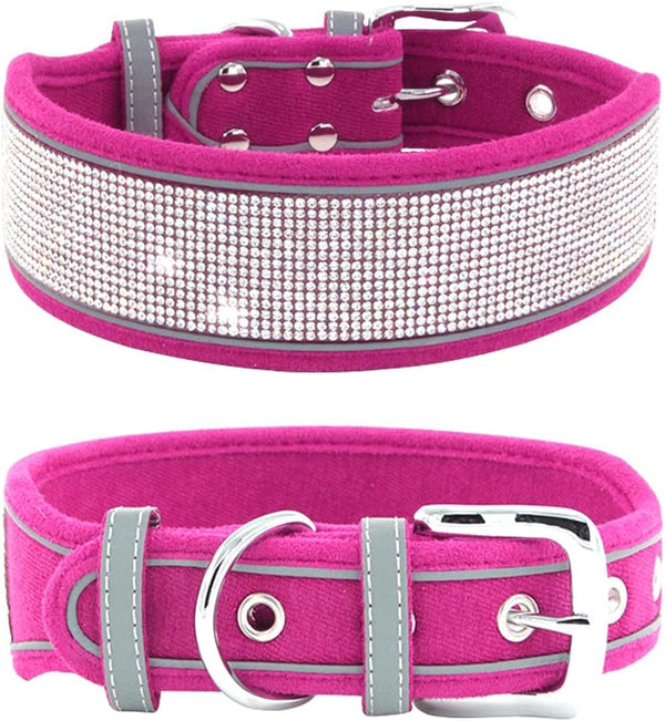 Rhinestone Dog Collar, Dazzling Soft Suede Reflective Collar for Medium & Large Dogs, Hot Pink (L:19-23")