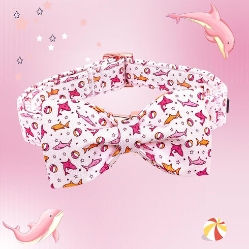 Lionheart Glory Shark Print Dog Bow Collar, Adjustable Pink Summer Spring Collar with Bowtie for Large Dogs