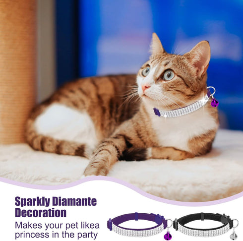 EXPAWLORER Soft Velvet Cat Collars for Girls - 2 Pack Adjustable Rhinestones Bling Breakaway Collars with Bells