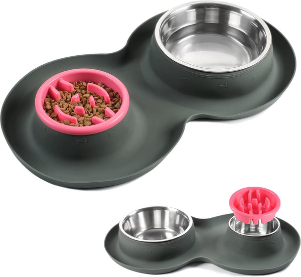 100% Waterproof BPA Free Pet Dog Bowls - 2 Stainless Steel (53oz+27oz) with Silicone Mat + Slow Feed Bowls for Dogs