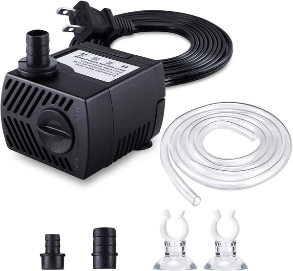 Submersible Fountain Pump 80GPH (4W 300L/H) with 4.9ft Tubing, 3 Nozzles for Aquarium, Pond, Fish Tank, Hydroponics