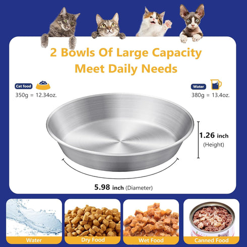 5.9'' Wide Whisker Friendly Cat Bowl, 304 Stainless Steel Bowls Set, 2 Pcs Shallow Metal Dish for Cats