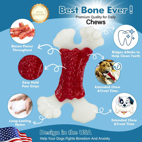 Dog Toys for Aggressive Chewers, Tough Indestructible Dog Bones with Real Bacon & Beef Flavors (Bacon)